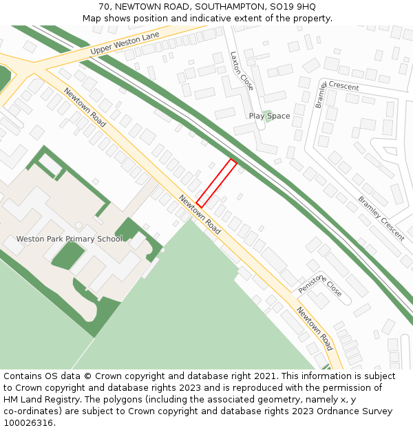 70, NEWTOWN ROAD, SOUTHAMPTON, SO19 9HQ: Location map and indicative extent of plot