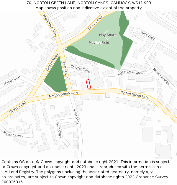 70, NORTON GREEN LANE, NORTON CANES, CANNOCK, WS11 9PR: Location map and indicative extent of plot