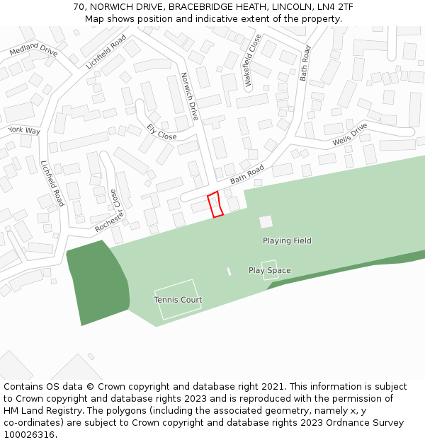70, NORWICH DRIVE, BRACEBRIDGE HEATH, LINCOLN, LN4 2TF: Location map and indicative extent of plot