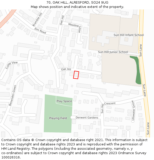 70, OAK HILL, ALRESFORD, SO24 9UG: Location map and indicative extent of plot