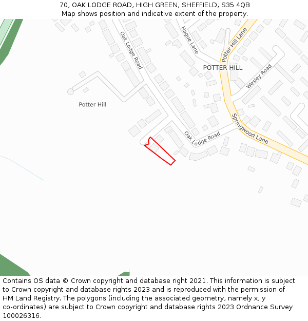 70, OAK LODGE ROAD, HIGH GREEN, SHEFFIELD, S35 4QB: Location map and indicative extent of plot