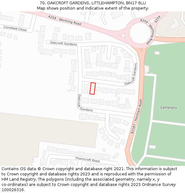 70, OAKCROFT GARDENS, LITTLEHAMPTON, BN17 6LU: Location map and indicative extent of plot