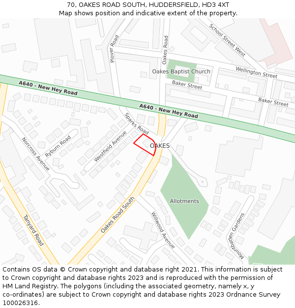 70, OAKES ROAD SOUTH, HUDDERSFIELD, HD3 4XT: Location map and indicative extent of plot