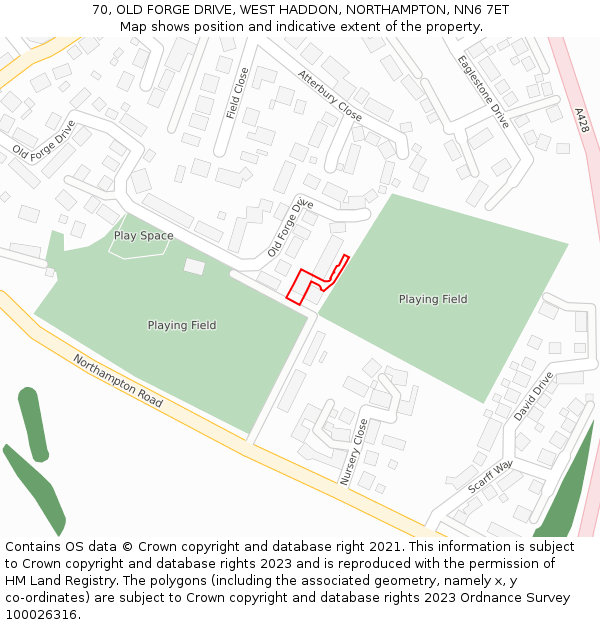70, OLD FORGE DRIVE, WEST HADDON, NORTHAMPTON, NN6 7ET: Location map and indicative extent of plot