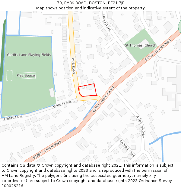 70, PARK ROAD, BOSTON, PE21 7JP: Location map and indicative extent of plot