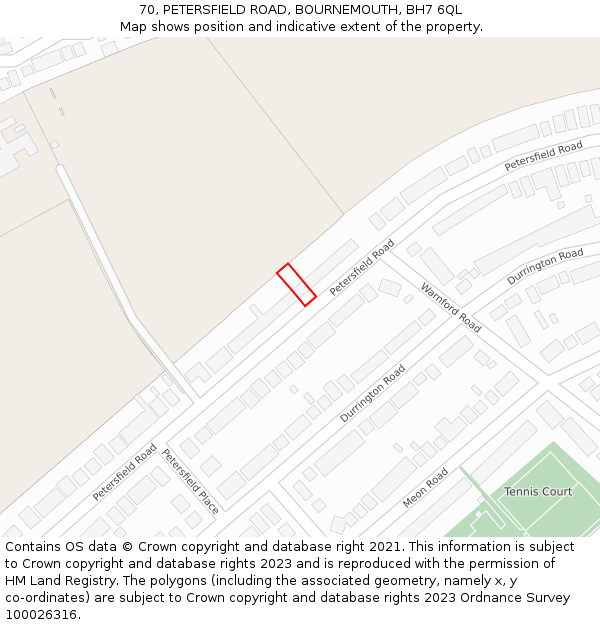 70, PETERSFIELD ROAD, BOURNEMOUTH, BH7 6QL: Location map and indicative extent of plot