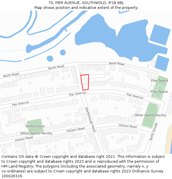 70, PIER AVENUE, SOUTHWOLD, IP18 6BL: Location map and indicative extent of plot