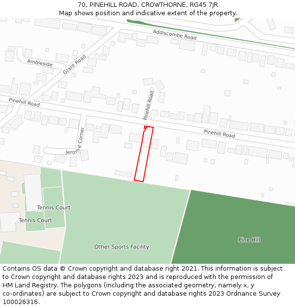 70, PINEHILL ROAD, CROWTHORNE, RG45 7JR: Location map and indicative extent of plot