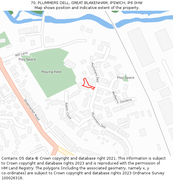 70, PLUMMERS DELL, GREAT BLAKENHAM, IPSWICH, IP6 0HW: Location map and indicative extent of plot