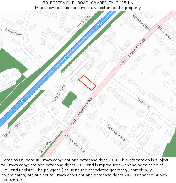 70, PORTSMOUTH ROAD, CAMBERLEY, GU15 1JN: Location map and indicative extent of plot