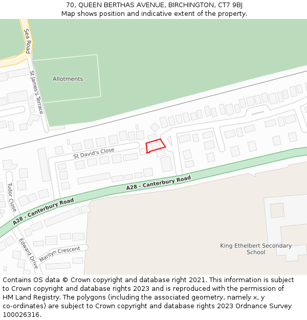 70, QUEEN BERTHAS AVENUE, BIRCHINGTON, CT7 9BJ: Location map and indicative extent of plot