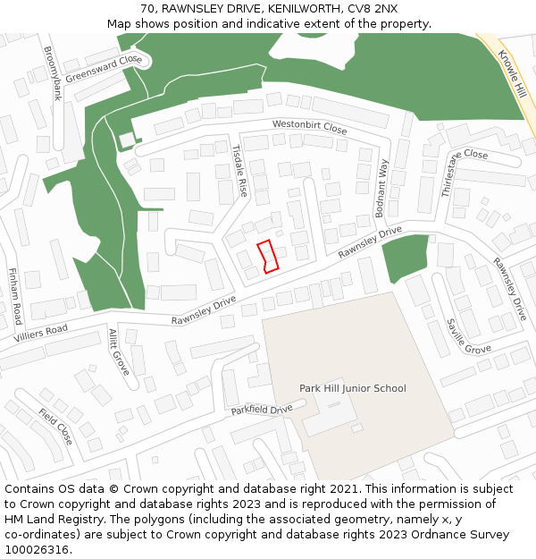 70, RAWNSLEY DRIVE, KENILWORTH, CV8 2NX: Location map and indicative extent of plot