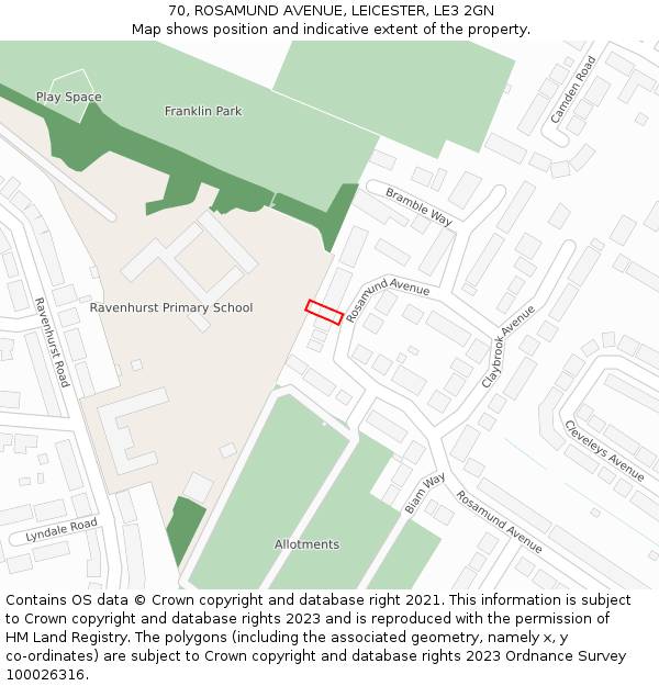 70, ROSAMUND AVENUE, LEICESTER, LE3 2GN: Location map and indicative extent of plot