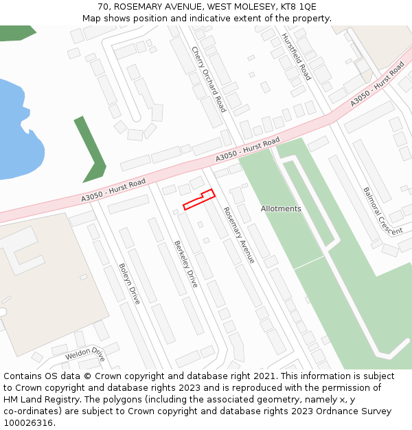 70, ROSEMARY AVENUE, WEST MOLESEY, KT8 1QE: Location map and indicative extent of plot