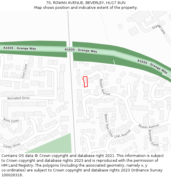 70, ROWAN AVENUE, BEVERLEY, HU17 9UN: Location map and indicative extent of plot