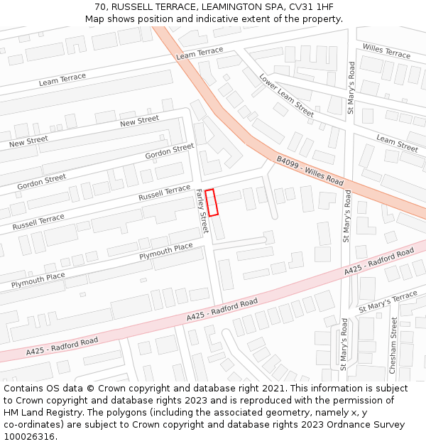 70, RUSSELL TERRACE, LEAMINGTON SPA, CV31 1HF: Location map and indicative extent of plot