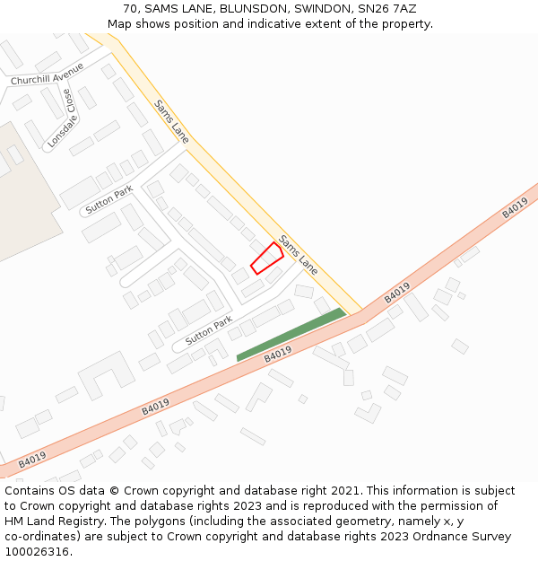 70, SAMS LANE, BLUNSDON, SWINDON, SN26 7AZ: Location map and indicative extent of plot