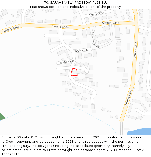 70, SARAHS VIEW, PADSTOW, PL28 8LU: Location map and indicative extent of plot