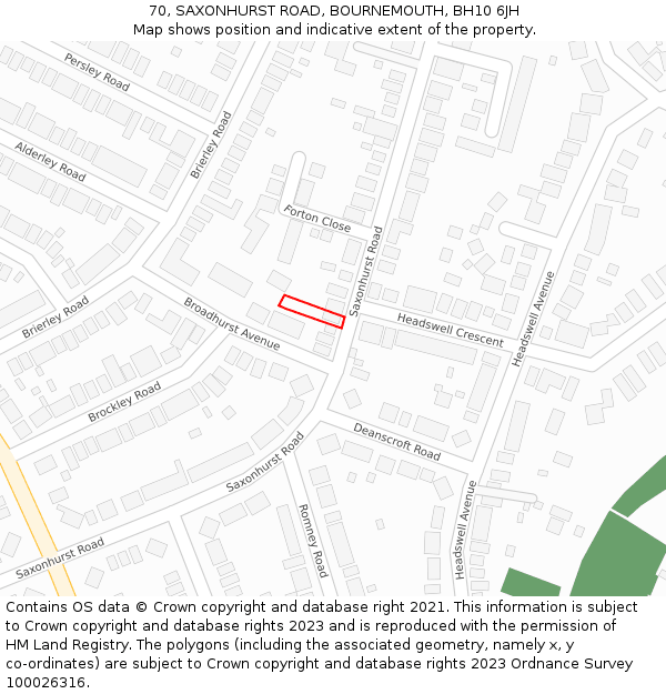 70, SAXONHURST ROAD, BOURNEMOUTH, BH10 6JH: Location map and indicative extent of plot