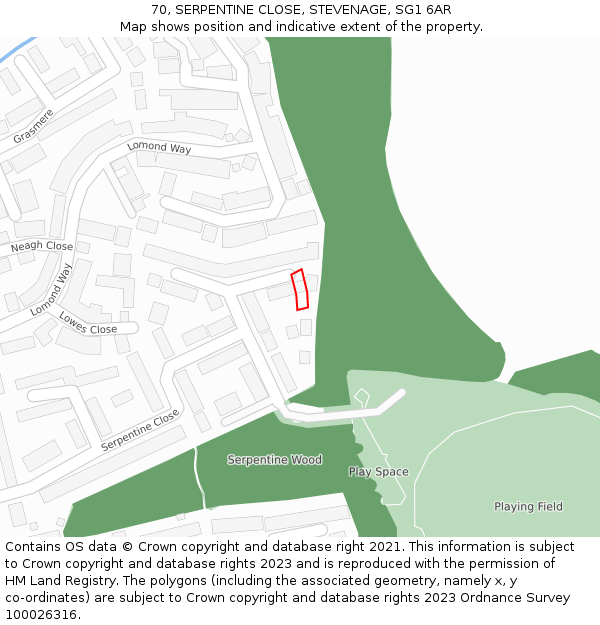 70, SERPENTINE CLOSE, STEVENAGE, SG1 6AR: Location map and indicative extent of plot