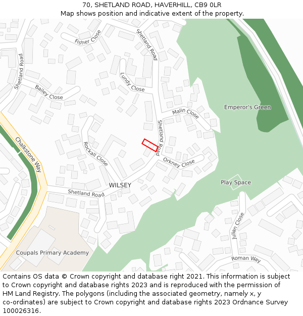70, SHETLAND ROAD, HAVERHILL, CB9 0LR: Location map and indicative extent of plot