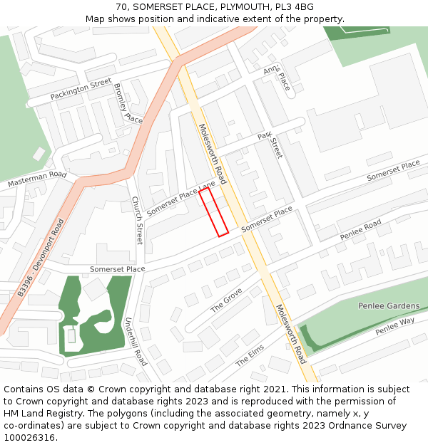 70, SOMERSET PLACE, PLYMOUTH, PL3 4BG: Location map and indicative extent of plot