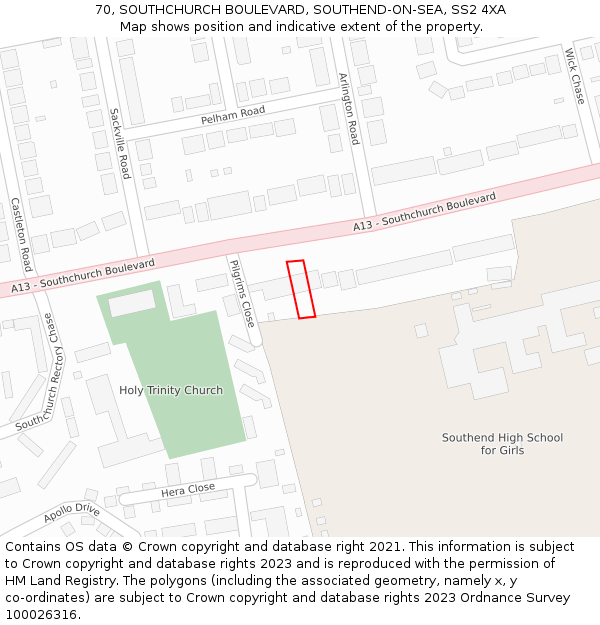 70, SOUTHCHURCH BOULEVARD, SOUTHEND-ON-SEA, SS2 4XA: Location map and indicative extent of plot