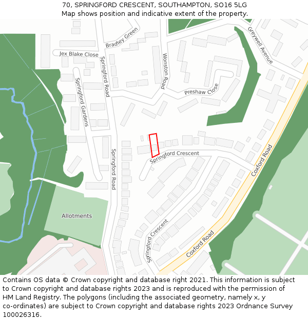 70, SPRINGFORD CRESCENT, SOUTHAMPTON, SO16 5LG: Location map and indicative extent of plot