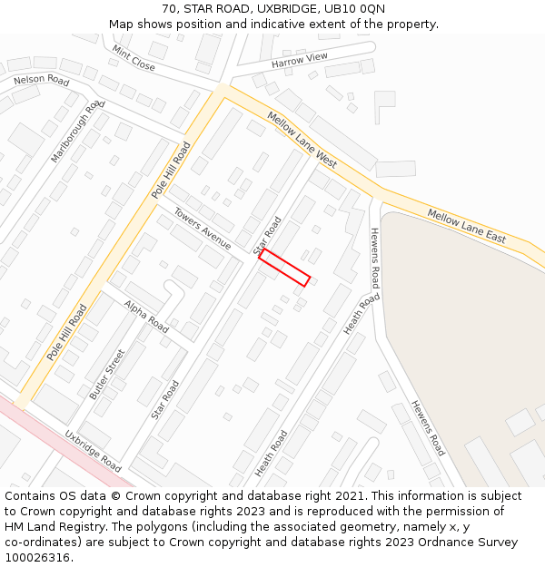 70, STAR ROAD, UXBRIDGE, UB10 0QN: Location map and indicative extent of plot