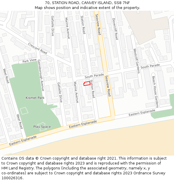 70, STATION ROAD, CANVEY ISLAND, SS8 7NF: Location map and indicative extent of plot