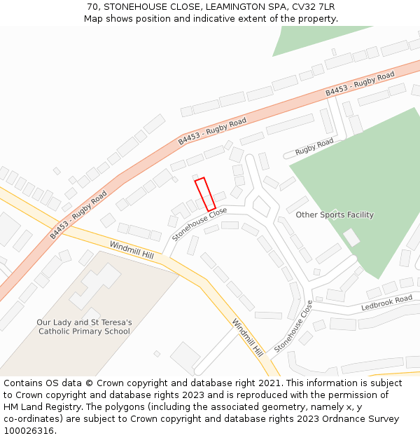 70, STONEHOUSE CLOSE, LEAMINGTON SPA, CV32 7LR: Location map and indicative extent of plot