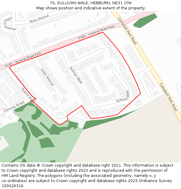70, SULLIVAN WALK, HEBBURN, NE31 1YW: Location map and indicative extent of plot