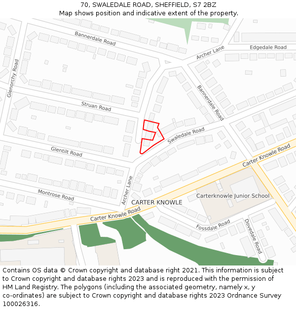 70, SWALEDALE ROAD, SHEFFIELD, S7 2BZ: Location map and indicative extent of plot