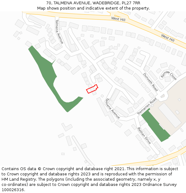 70, TALMENA AVENUE, WADEBRIDGE, PL27 7RR: Location map and indicative extent of plot