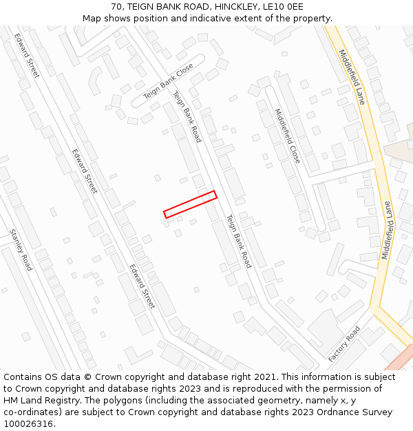 70, TEIGN BANK ROAD, HINCKLEY, LE10 0EE: Location map and indicative extent of plot