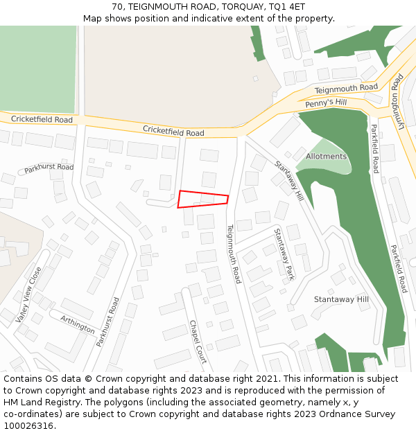 70, TEIGNMOUTH ROAD, TORQUAY, TQ1 4ET: Location map and indicative extent of plot