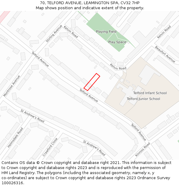 70, TELFORD AVENUE, LEAMINGTON SPA, CV32 7HP: Location map and indicative extent of plot