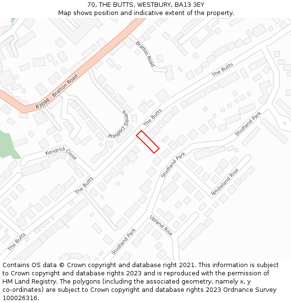 70, THE BUTTS, WESTBURY, BA13 3EY: Location map and indicative extent of plot