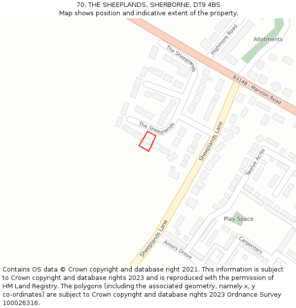 70, THE SHEEPLANDS, SHERBORNE, DT9 4BS: Location map and indicative extent of plot