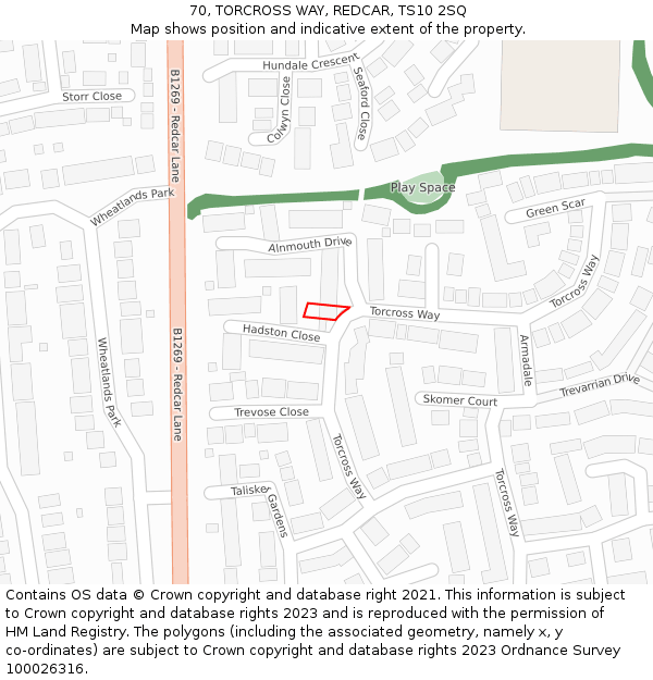 70, TORCROSS WAY, REDCAR, TS10 2SQ: Location map and indicative extent of plot