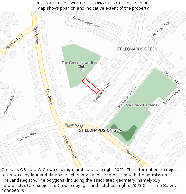 70, TOWER ROAD WEST, ST LEONARDS-ON-SEA, TN38 0RL: Location map and indicative extent of plot