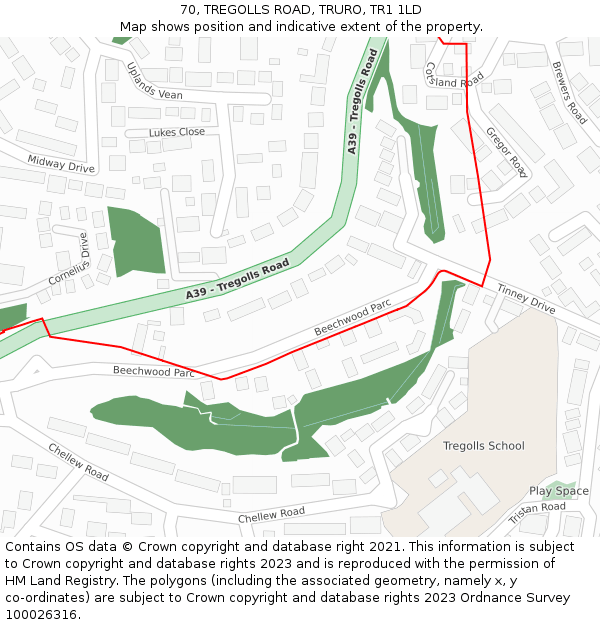 70, TREGOLLS ROAD, TRURO, TR1 1LD: Location map and indicative extent of plot