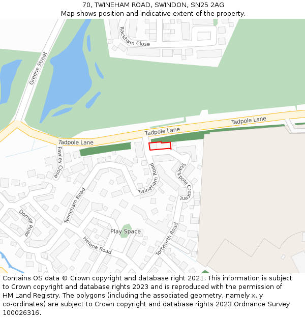 70, TWINEHAM ROAD, SWINDON, SN25 2AG: Location map and indicative extent of plot