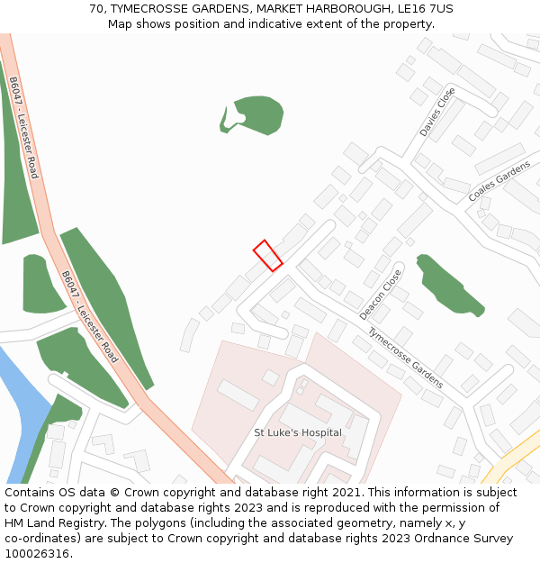 70, TYMECROSSE GARDENS, MARKET HARBOROUGH, LE16 7US: Location map and indicative extent of plot