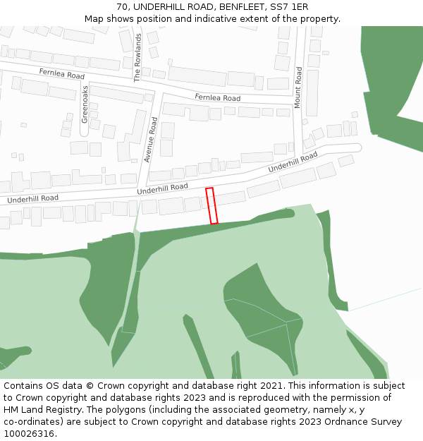 70, UNDERHILL ROAD, BENFLEET, SS7 1ER: Location map and indicative extent of plot