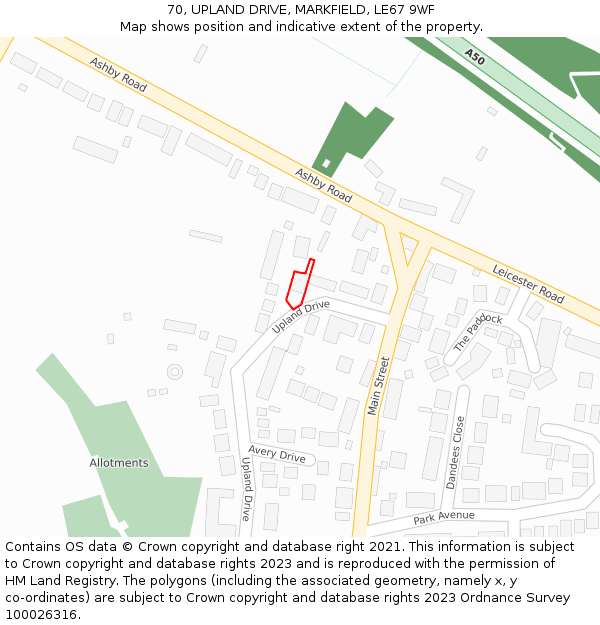 70, UPLAND DRIVE, MARKFIELD, LE67 9WF: Location map and indicative extent of plot