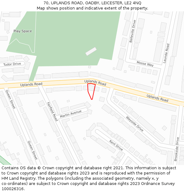 70, UPLANDS ROAD, OADBY, LEICESTER, LE2 4NQ: Location map and indicative extent of plot