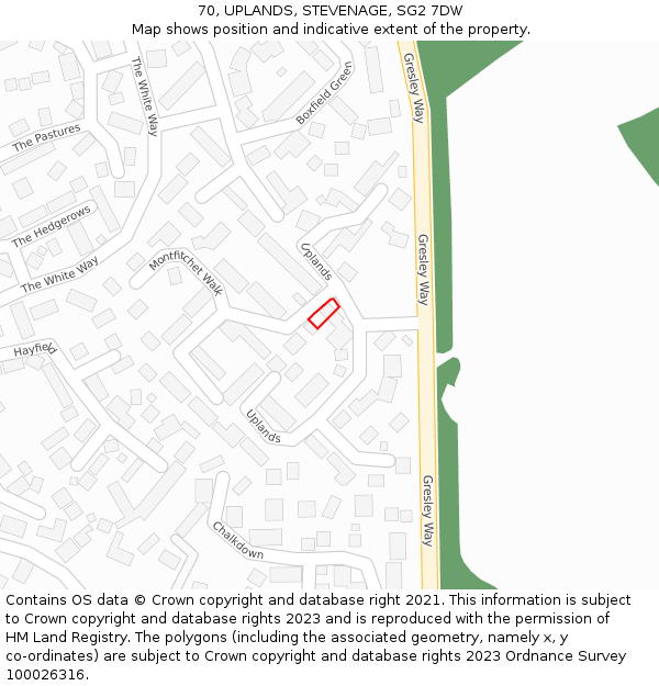 70, UPLANDS, STEVENAGE, SG2 7DW: Location map and indicative extent of plot