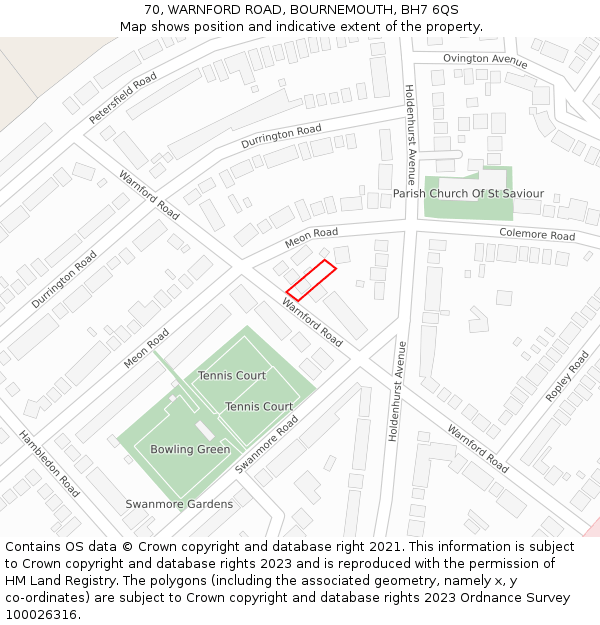 70, WARNFORD ROAD, BOURNEMOUTH, BH7 6QS: Location map and indicative extent of plot