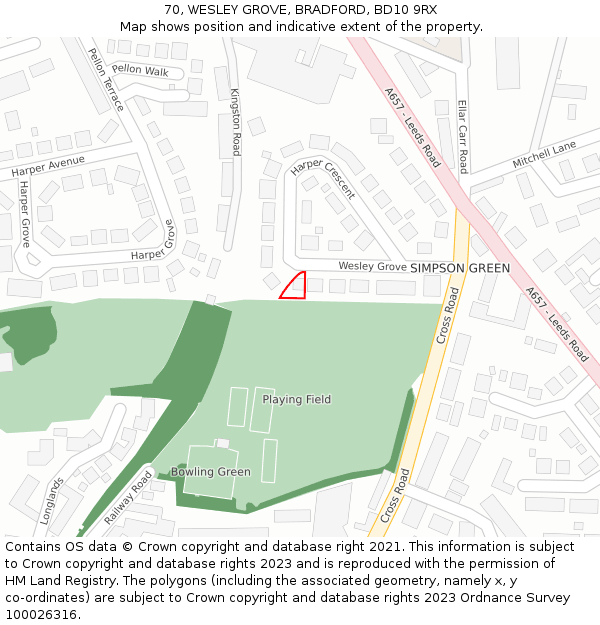 70, WESLEY GROVE, BRADFORD, BD10 9RX: Location map and indicative extent of plot